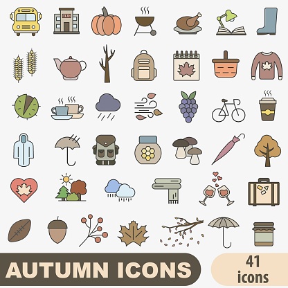 istock Set of color autumn icons with outline. Autumn bright icons. Autumn time. Set of autumn icons. Vector illustration. 1657306354