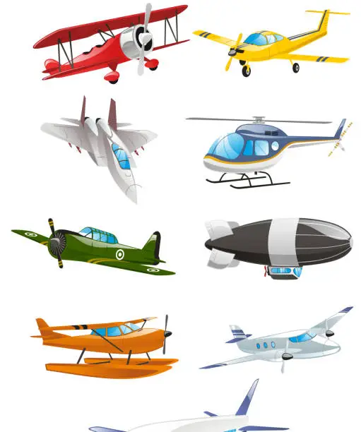 Vector illustration of Airplane Aircraft Airbus Airliner Airship Monoplane Biplane Collection
