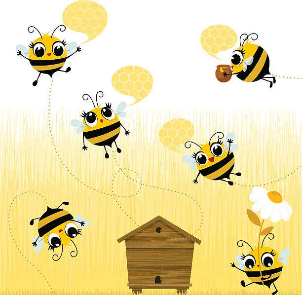 Vector illustration of Cartoon bees flying around the wooden hive