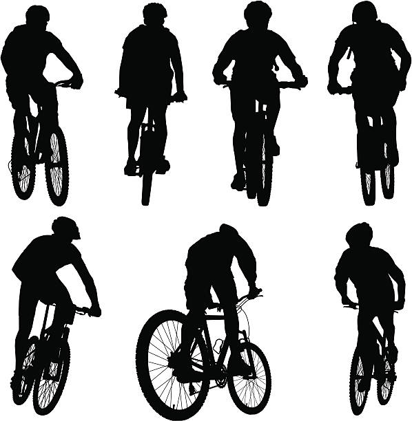 силуэты горных велосипедистов - mountain biking silhouette cycling bicycle stock illustrations