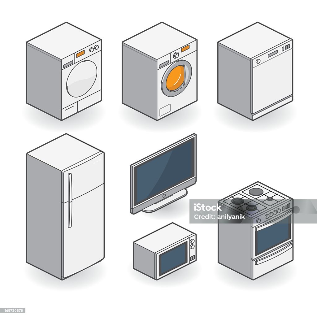 white appliances - isometric dryer, washing machine, dishwasher, fridge, lcd tv, microwave oven and stove/ oven. outline borders and shadows on separate layer. 26.57° isometric. Isometric Projection stock vector