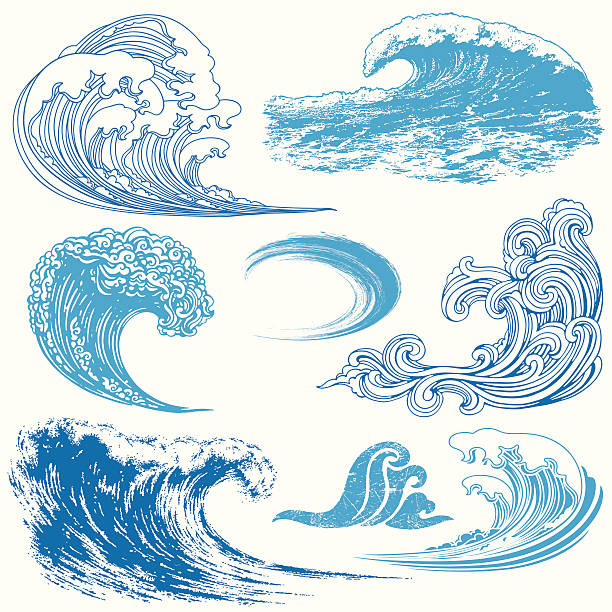 Wave Elements Collection of waves in different techniques. tsunami wave stock illustrations