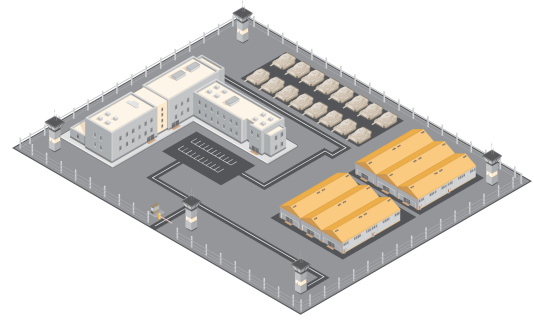A vector illustration of an isometric military base.