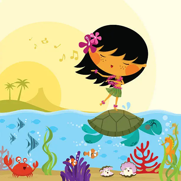 Vector illustration of Hawaiian girl sealife underwater hawaii sea cute illustration vector