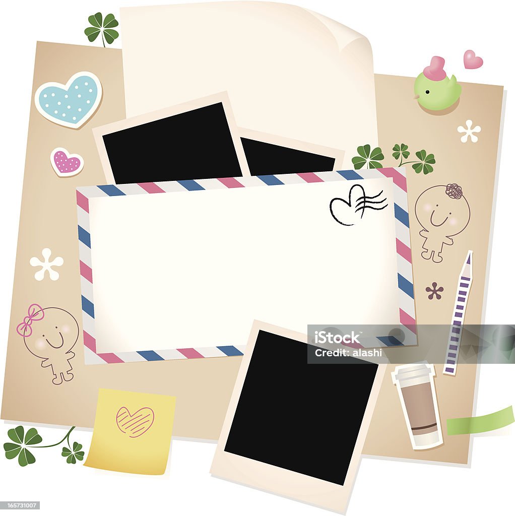 Dia dos Namorados elementos de Design: Saudação Envelope com papel e quadros de fotos - Vetor de Caderno de Anotação royalty-free