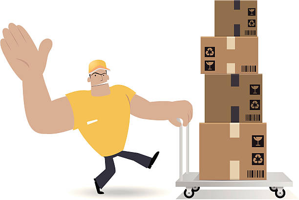 deliveryman 옮겨가기 판지 상자 핸드 배달차 - moving office relocation box hand truck stock illustrations