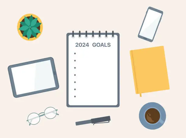 Vector illustration of 2024 New Year Goals. High Angle View Of Table Workspace With Notepad, Smartphone, Digital Tablet And Coffee Cup