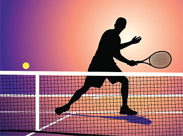 ilustrações, clipart, desenhos animados e ícones de jogador de tênis dando voleio fundo de silhueta - silhouette tennis competitive sport traditional sport