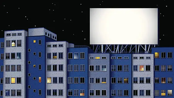 Vector illustration of buildings and billboard at night