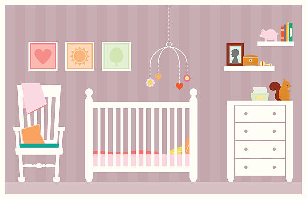 Baby Girl Room A precious little baby girls bedroom or nursery decorated in pastels with toys rodent bedding stock illustrations