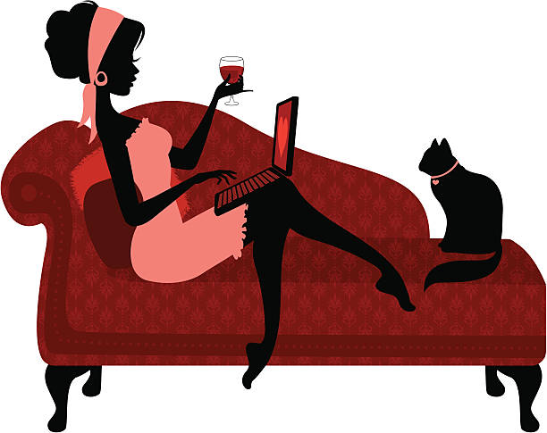 Woman Relaxing with Laptop The silhouette of a beautiful woman relaxing in her arm chair and clicking away on her lap top. There is a heart on the screen possibly indicating a romantic rendezvous? Her cat keeps her company. chaise longue woman stock illustrations