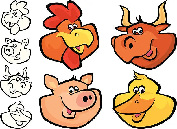 Vector illustration of farm animals heads