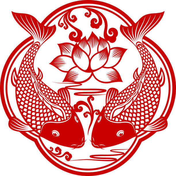 ilustrações de stock, clip art, desenhos animados e ícones de double carpa papel chinês-cut art - lotus flower single flower red