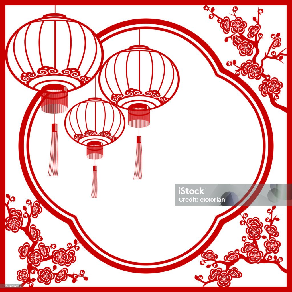 Lanternas chinesas e papel Floral-Corte de quadro - Vetor de Ano Novo chinês royalty-free