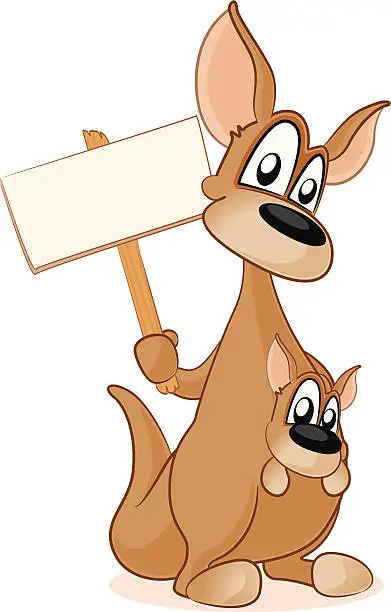 Vector illustration of Kangaroo and baby Joey holding a blank sign