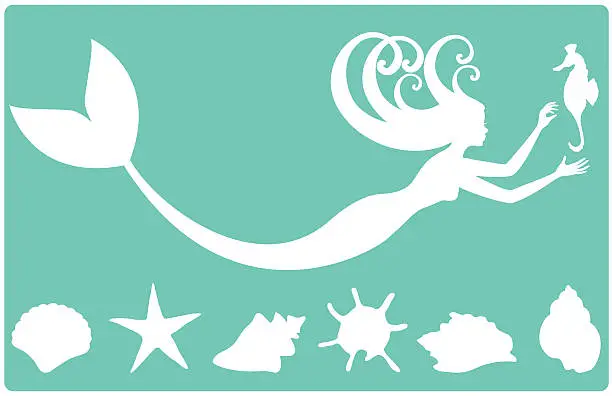 Vector illustration of Mermaid, seahorse, and seashells