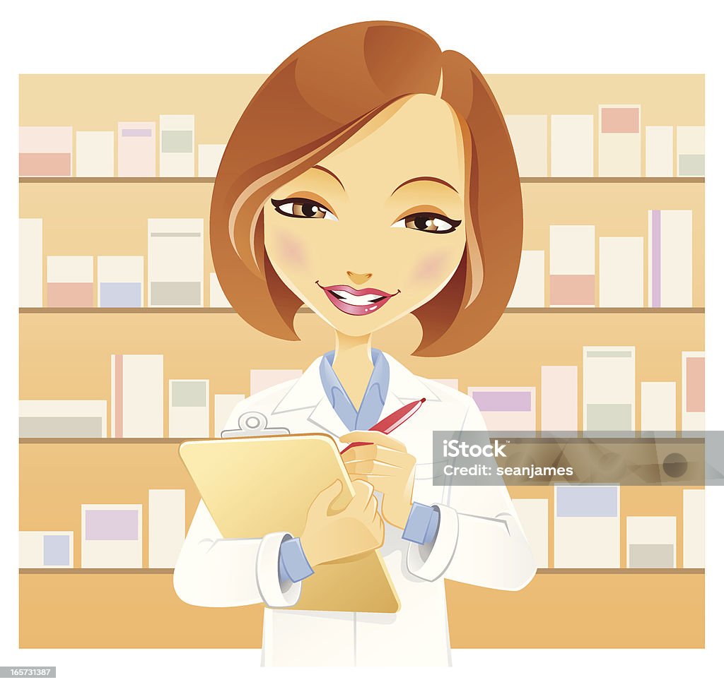 Woman in Medical Lab Coat with Clipboard Vector illustration of woman wearing medical lab coat and holding clipboard. Pharmacist stock vector