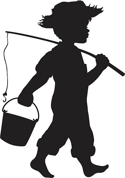 маленький мальчик, идущую рыбалка - silhouette back lit little boys child stock illustrations