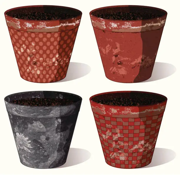 Vector illustration of four empty flower pots with shadow