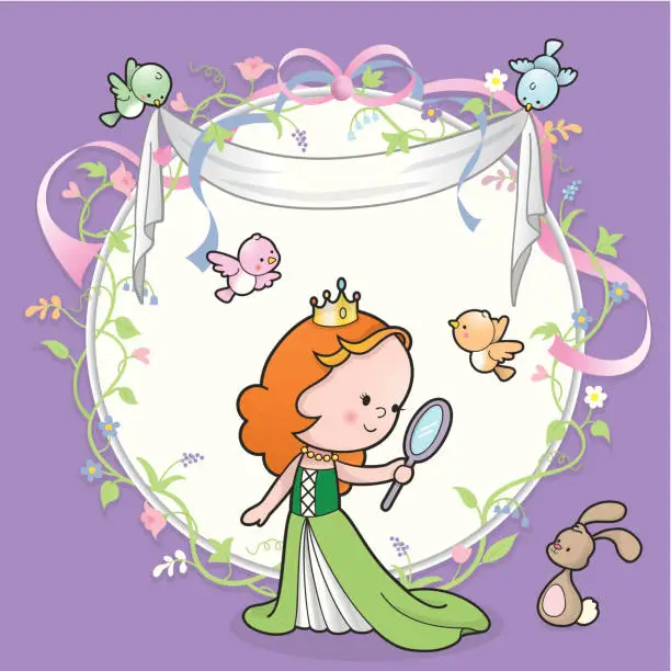 Vector illustration of Cute princess flower bird frame card