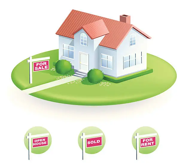 Vector illustration of Vector illustration of house with For Sale sign