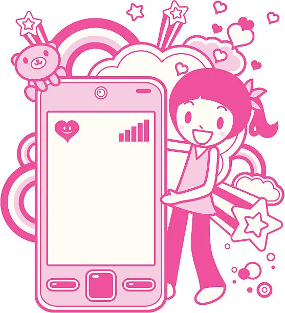 Vector illustration of Cute girl and bear toy with cell phone design element