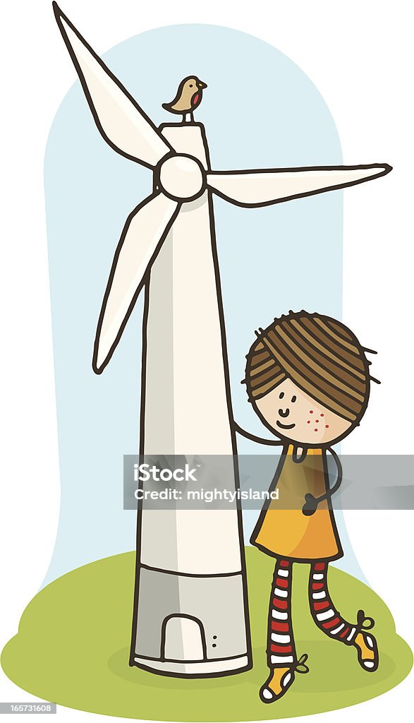 Niño con turbina de viento - arte vectorial de Aerogenerador libre de derechos