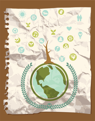 Many Ecology Icons on Crumpled Paper