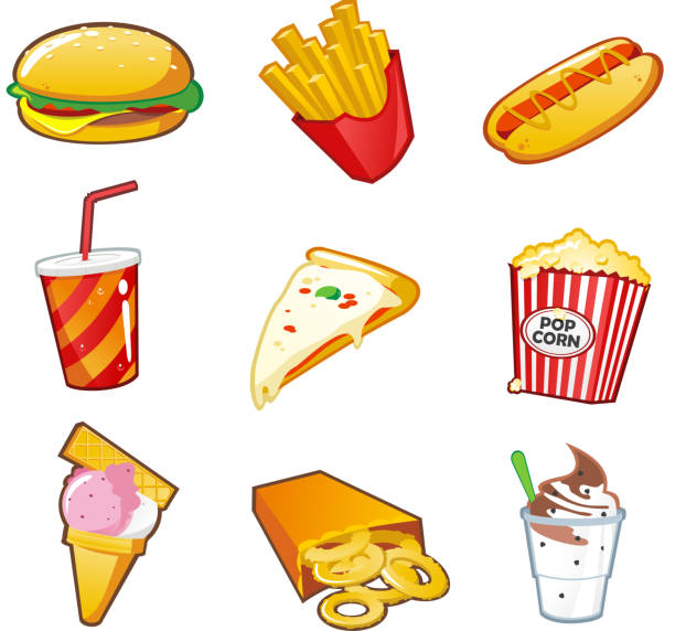 illustrations, cliparts, dessins animés et icônes de ensemble d'icônes de fast-food - hamburger refreshment hot dog bun