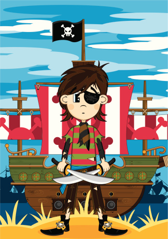 Vector Illustration of a Cute Eyepatch Pirate Girl & Ship.