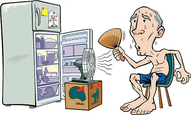 Vector illustration of Cartoon image of an old man trying to beat the heat