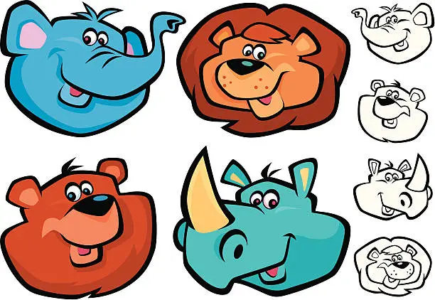 Vector illustration of happy animals heads