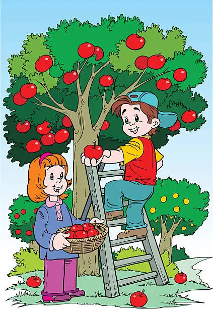 Vector illustration of Children in the orchard