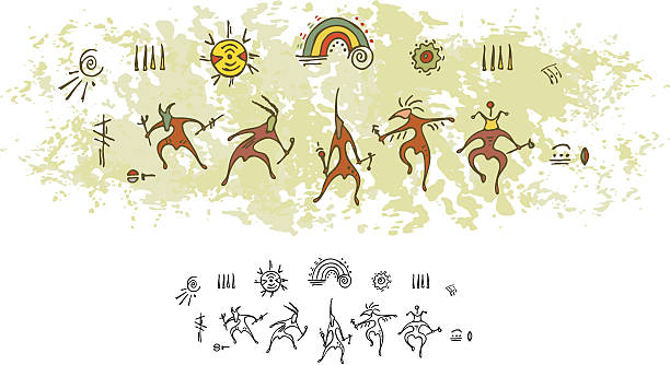 illustrazioni stock, clip art, cartoni animati e icone di tendenza di grotta preistorica dipinto stregone danza della pioggia - african descent cave painting african culture men