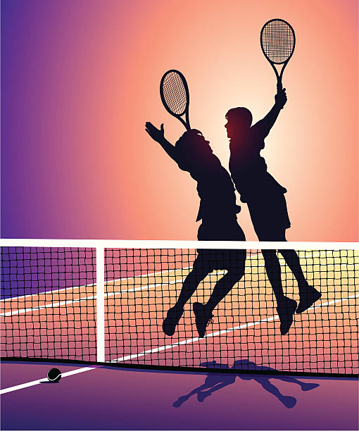 ilustraciones, imágenes clip art, dibujos animados e iconos de stock de jugadores de tenis de celebración deportiva victoria de high five pecho por resalte - silhouette tennis competitive sport traditional sport
