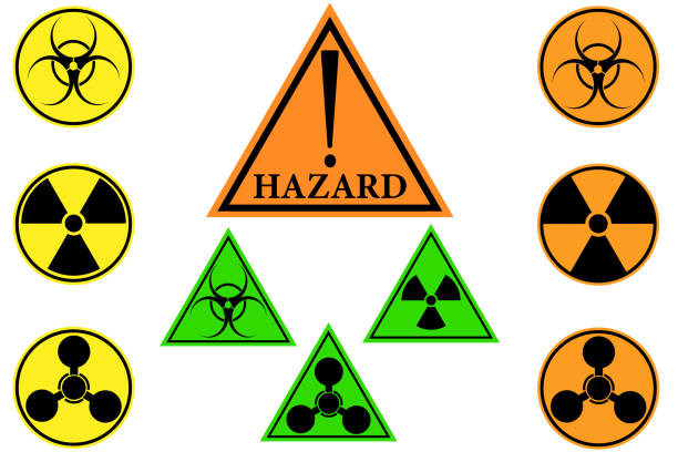 znaki ostrzegawcze. - radiation protection suit biology danger biochemical warfare stock illustrations