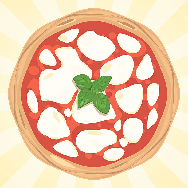 ilustraciones, imágenes clip art, dibujos animados e iconos de stock de vector pizza margarita desde arriba - cheese pizza