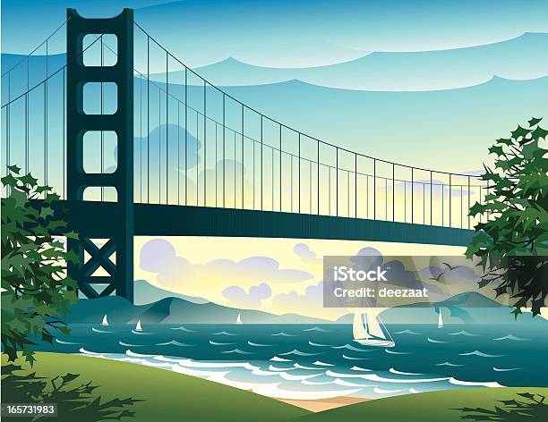 Ilustración de Puente Y Veleros En La Bahía y más Vectores Libres de Derechos de Puente Golden Gate - Puente Golden Gate, Vector, San Francisco