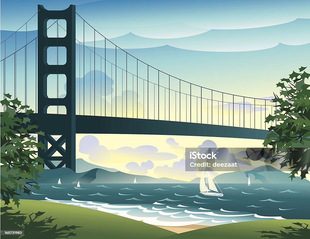 Bridge and sailboats on the bay Bridge, sailboats, park with trees. Golden Gate Bridge stock vector