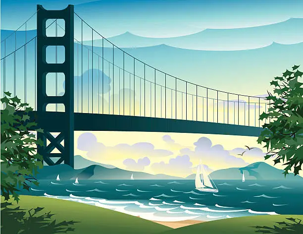 Vector illustration of Bridge and sailboats on the bay