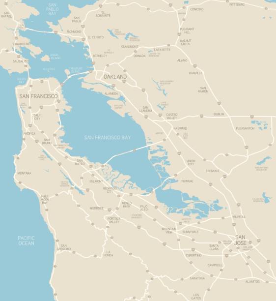 San Francisco Bay Area Map A map of the Bay Area, including San Francisco, Oakland and San Jose. Includes highways and freeways, the main cities in the region and bodies of water. Includes CS3 file and an extra-large JPG. san francisco california stock illustrations