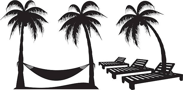 Palm Tree Design Elements Silhouetted palm Trees with Sun Loungers and hammock hammock stock illustrations