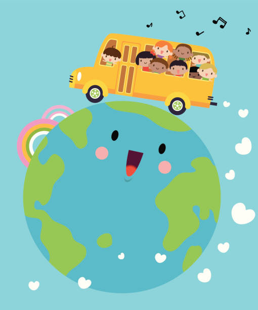 glücklich lächeln multikulturellen kinder auf schulbus - bussing stock-grafiken, -clipart, -cartoons und -symbole