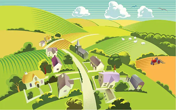 Vector illustration of Countryside with village
