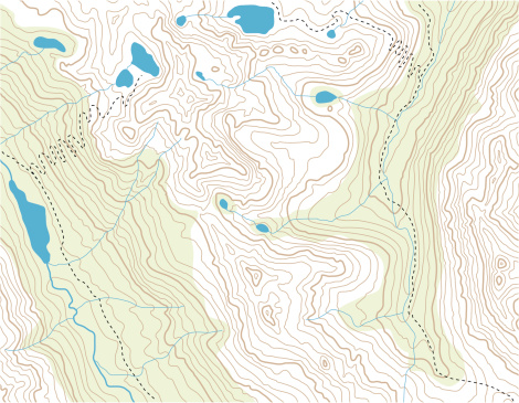 A topographic map of an entirely fictional location depicting rugged mountain peaks, lakes, rivers, and trails, with green color indicating vegetation. 