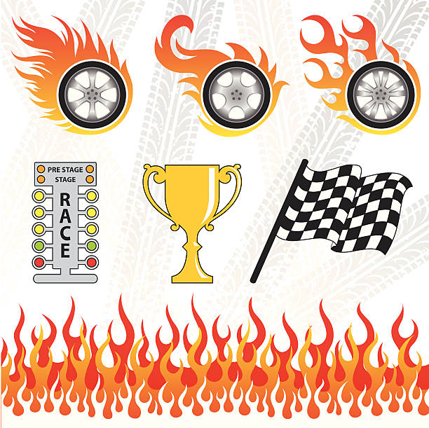 Graphics of Motorsport elements Illustration of motor sport elements: wheels, flames, tire tracks, checkered flag, cup, starting lights. staging light stock illustrations