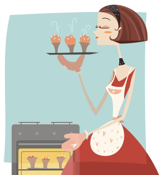 backen muffins - stereotypical housewife women domestic kitchen brown hair stock-grafiken, -clipart, -cartoons und -symbole