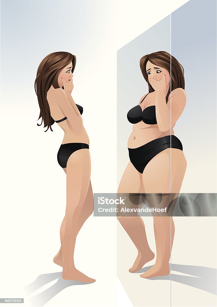 Kobieta i lustro, myślenie ma nadwagę - Grafika wektorowa royalty-free (Lustro)