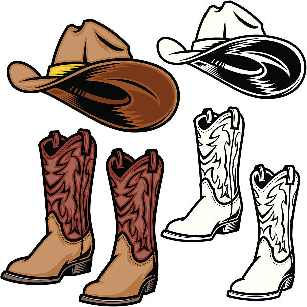 Cowboy Hat and Boots This is a simple illustration of a cowboy hat and boots. This file comes with the Black and White version. All secondary color levels are removable down to a simple flat color image. The file is provided as an Illustrator 8 EPS and a 300dpi high-rez jpg. cowboy hat stock illustrations