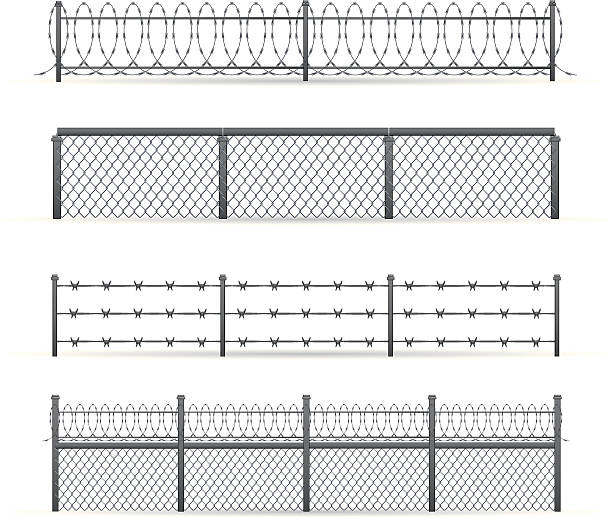 ilustraciones, imágenes clip art, dibujos animados e iconos de stock de industrial cercas - barbed wire